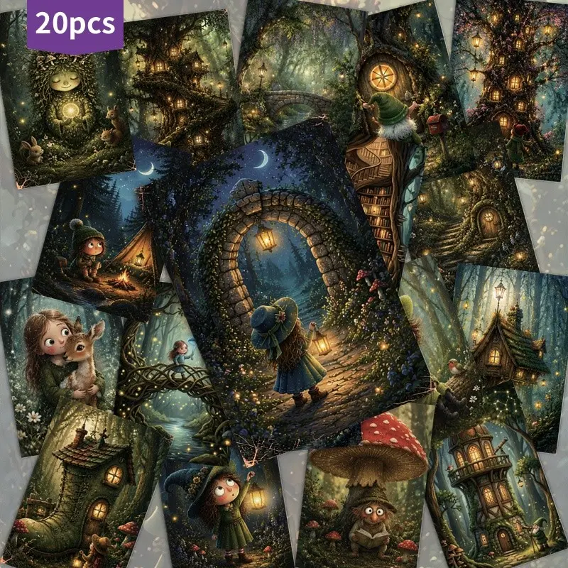 20pcs Enchanted Woodland Postcard Vintage Art Illustration Collectible Decorative Cards Fairy Tale Forest Collage Scrapbooking Junk Journal Crafting DIY Supplies Aesthetic Ephemera