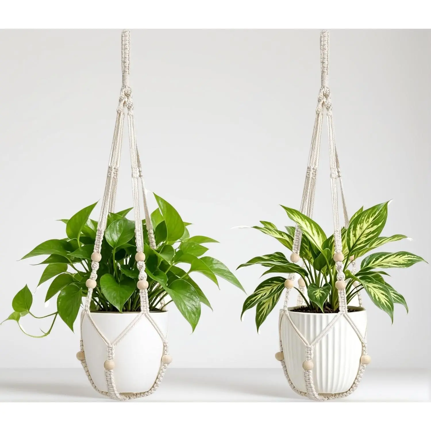 2-Pack DIY Macrame Plant Hangers - 29-Inch Ivory Round Wood Bead Hanging Baskets, Boho Home Decor for Indoor-Outdoor DIY Projects (Flower Pots & Planters Not Included)