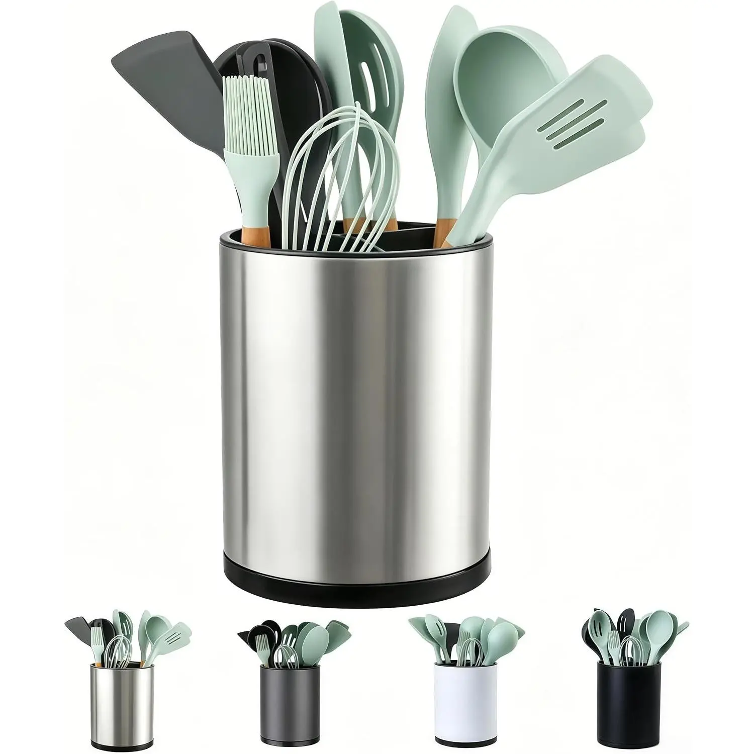 Stainless Steel Kitchen Utensil Holder - Extra Large, 360°Rotating, 3-Compartment Kitchen Accessories Counter Organizer for Silverware, Spoons, Spatulas (Silvery)