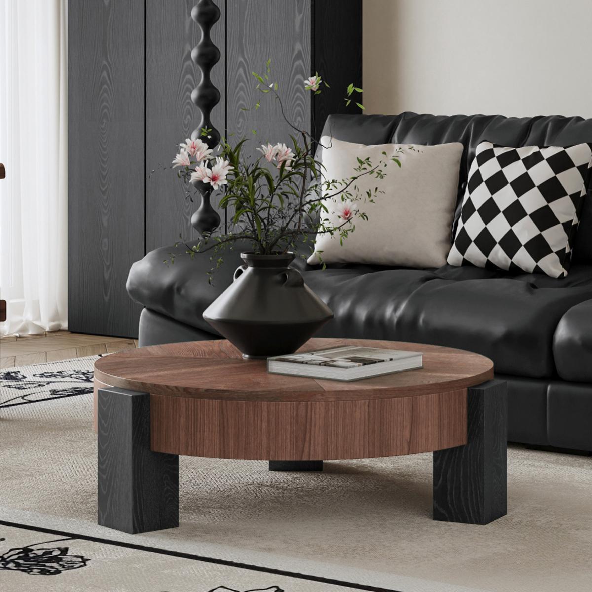 33'' Round Coffee Table with Hidden Storage, Modern Wabi-Sabi Wood Parquet Veneer Top Table, 3 Block Legs Sturdy Center Accent Table for Living Room, Small Space
