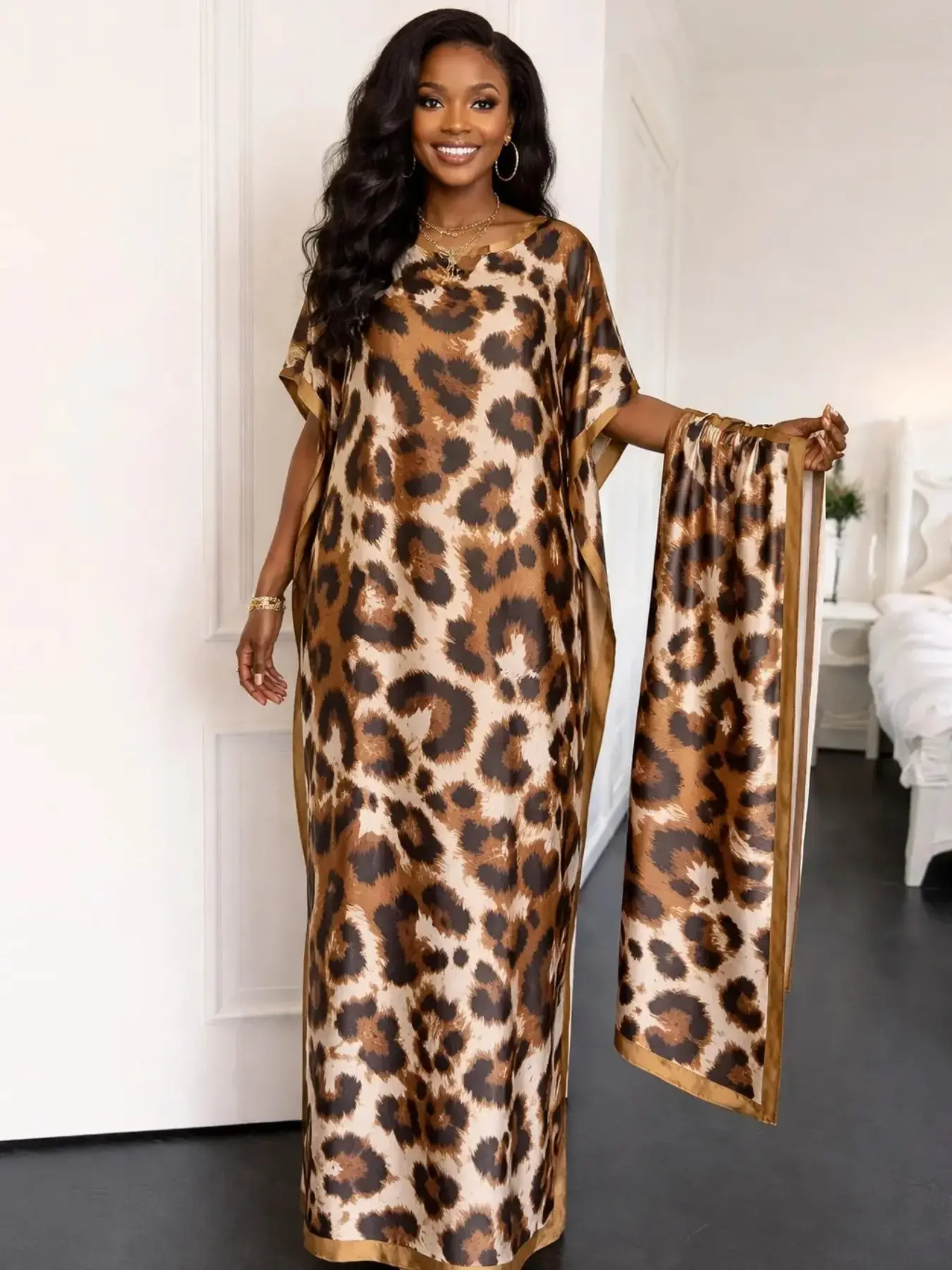 Elegant Leopard Print Boho Casual Kaftan Dress with Matching Scarf, Silky Loose Maxi Dress for Women, Summer Beach & Travel Loungewear Set