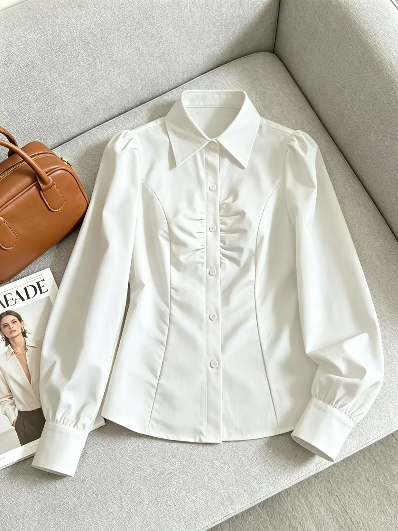 A fashionable and simple women's long sleeved top Blouse Shirts with a lapel collar and bubble sleeves that optimize the waistline, suitable for Casual, commuting, indoor and outdoor wear
