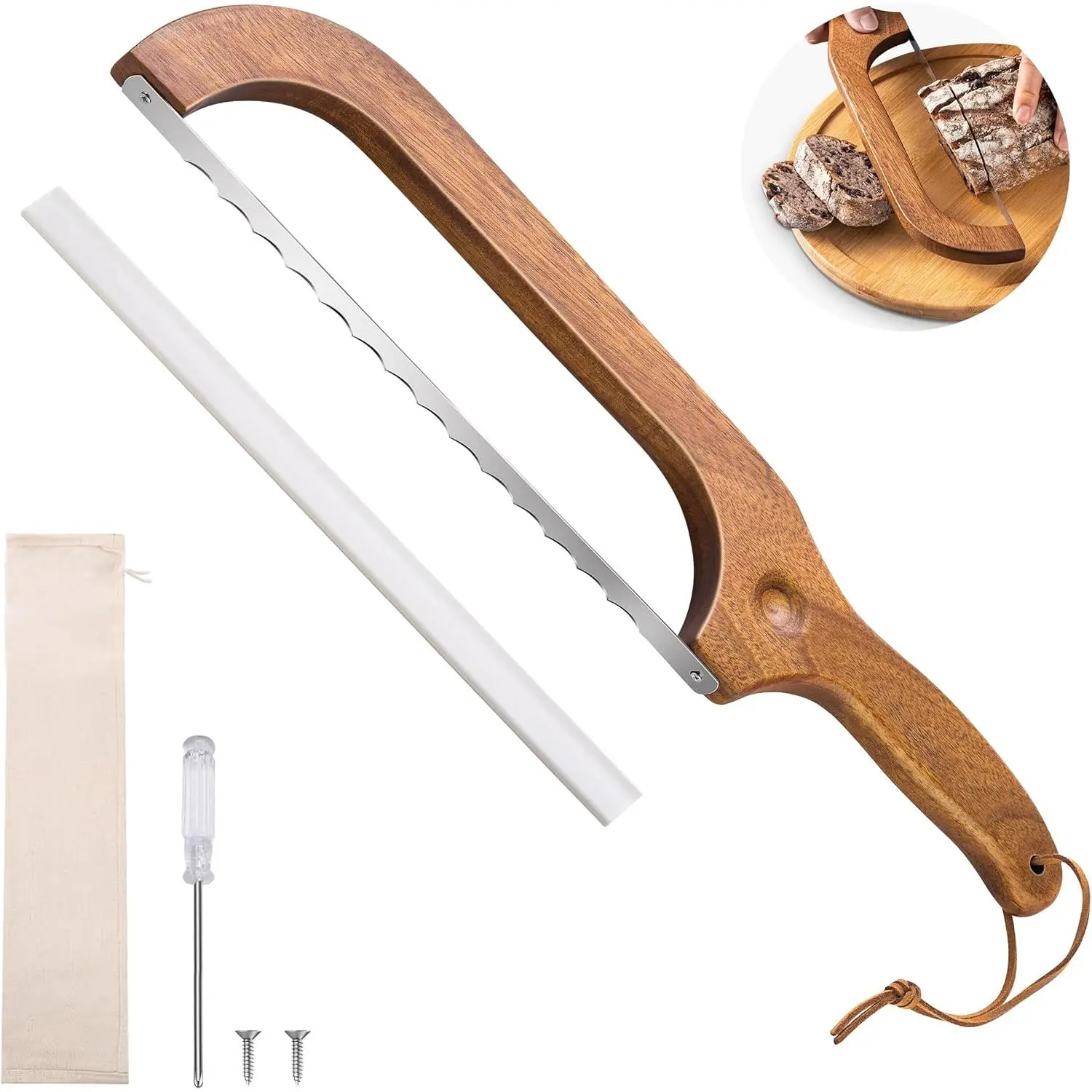 14.5-Inch Sourdough Bread Knife for Homemade Bread, Wooden Bow Bread Slicer with Serrated Stainless Steel Blade for Thin, Even Slices