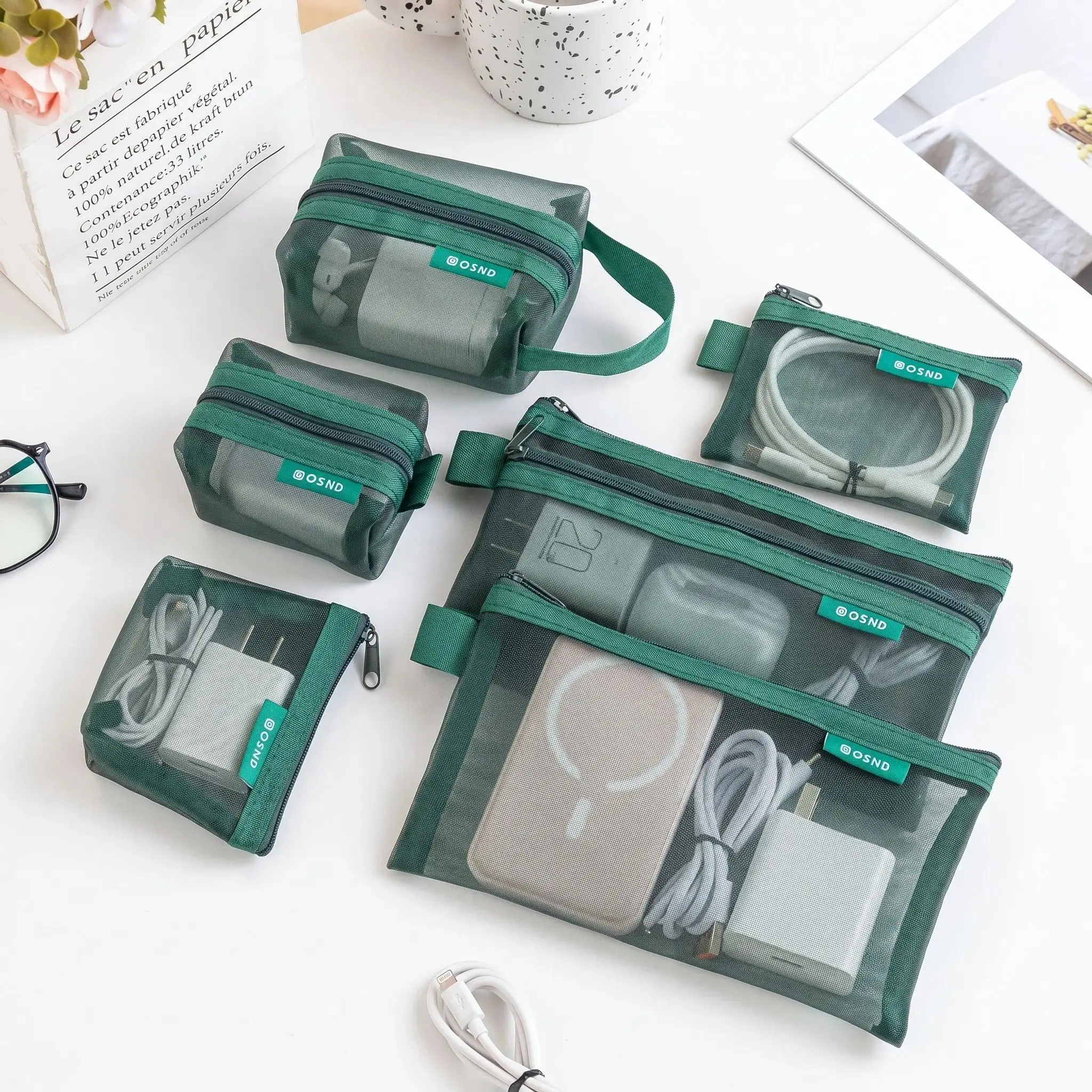 6-Piece Mesh Storage Bags Transparent Zipper Design, Multi-Size Portable Organizer Pouch for Travel Tech Cables Cosmetics & Home Essentials, Clear Everyday Carry Tech Accessories Case, Breathable Luggage Packing Insert