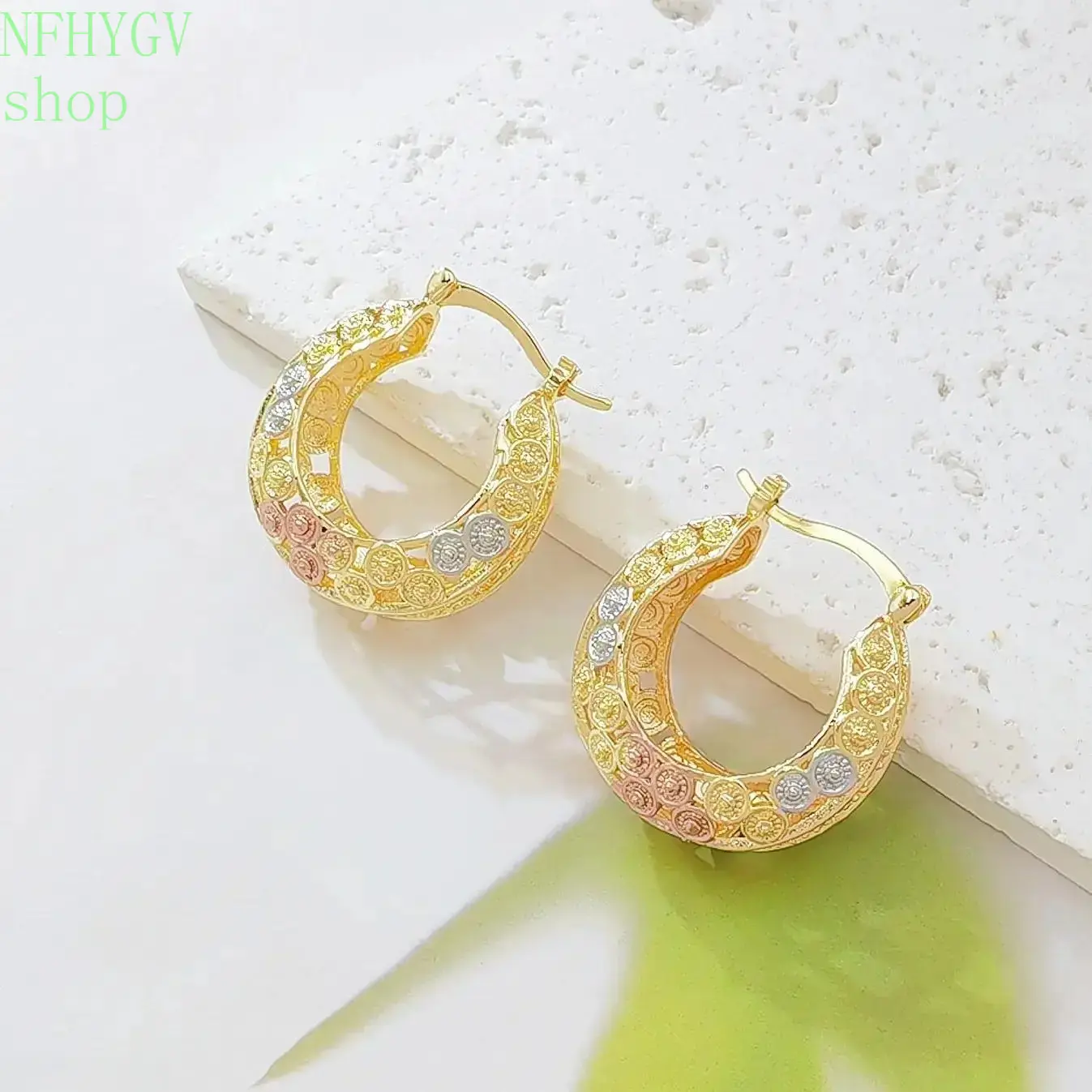 Women’s 14K Gold Plated Tri-Color Oval Huggie Hoop Earrings With Coin Textured Surface, Crafted In Yellow, Rose And White Gold Tones, Vintage Bohemian Ear Jewelry Perfect For Daily Wear And Gifting To Ladies