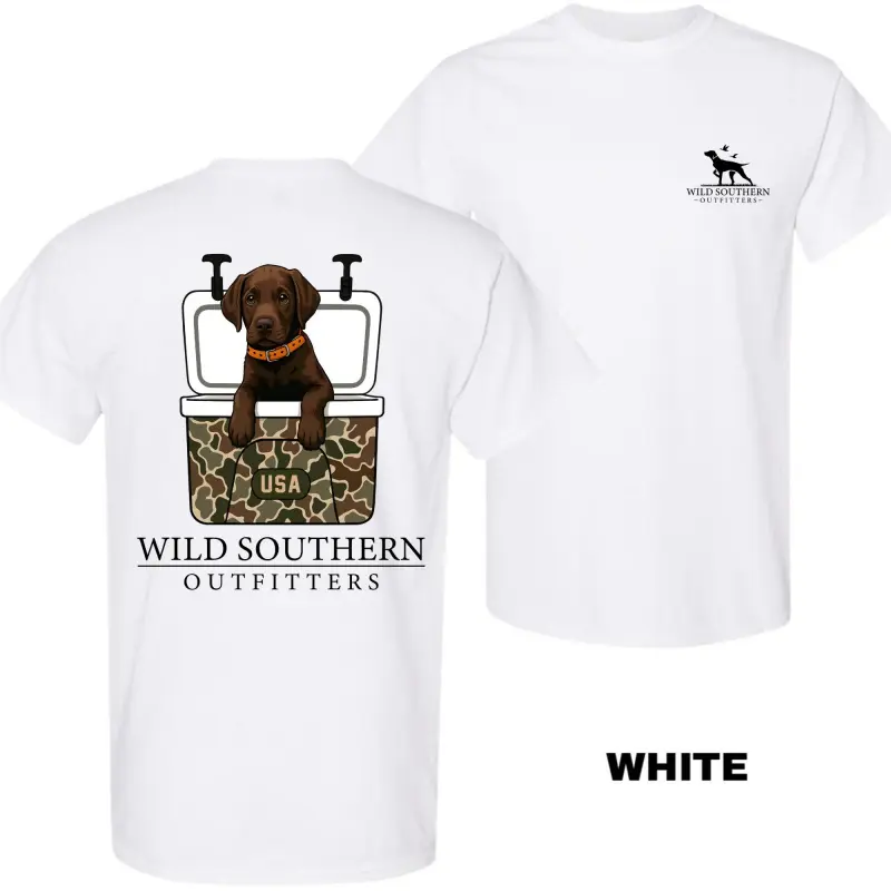 Chocolate Lab Graphic Tee - Unisex Shortsleeve Casual Wear Garment, Loose Fit Apparel for Hunting Dog Lovers, Digital Print Sports Top with Camo Cooler, Cotton