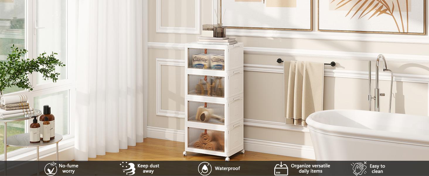 4 Tier Stackable Plastic Storage Bins with Lid and Wheels - 23 QT Closet Organizers and Storage, Foldable Storage Containers, Organization and Storage Boxes for Craft, Home, Pantry, Dorm, Grey