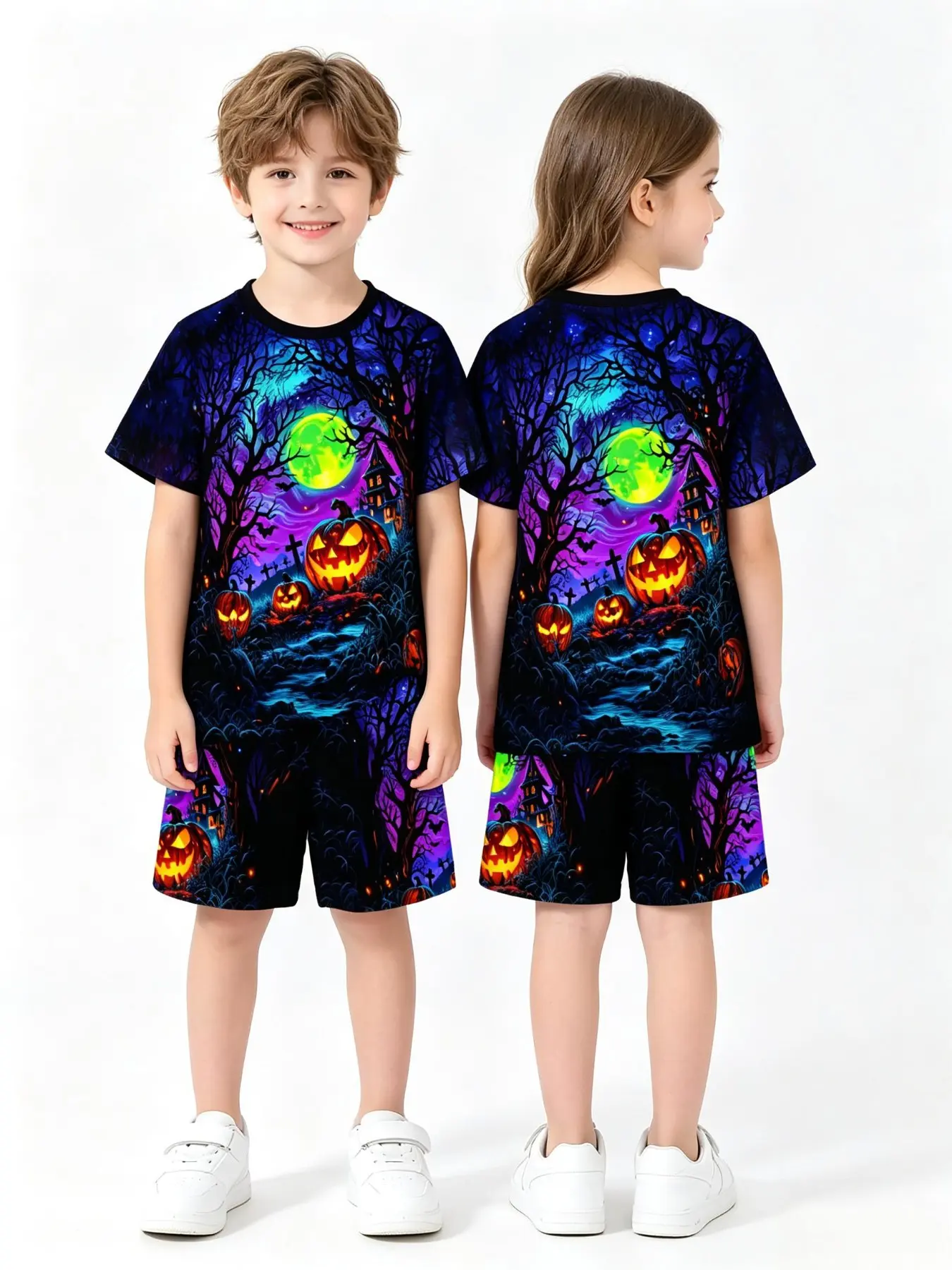 Halloween Pumpkin Moon Night Full Print Short Sleeve Set, Boys Girls Casual Sport Two-Piece, Summer Fashion Kids Clothes