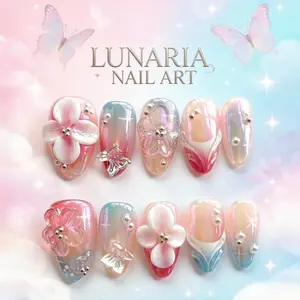 10pcs Press On Nails Glass Nails 3D Flowers French Acrylic False Nails | Handmade Reusable Salon Grade Full Nail Kit for Women | Spring Summer Sparkly Almond Fake Nails Set | DIY Nail Art Tutorial Gift for Party Daily Wear Wedding Bridal Long Lasting