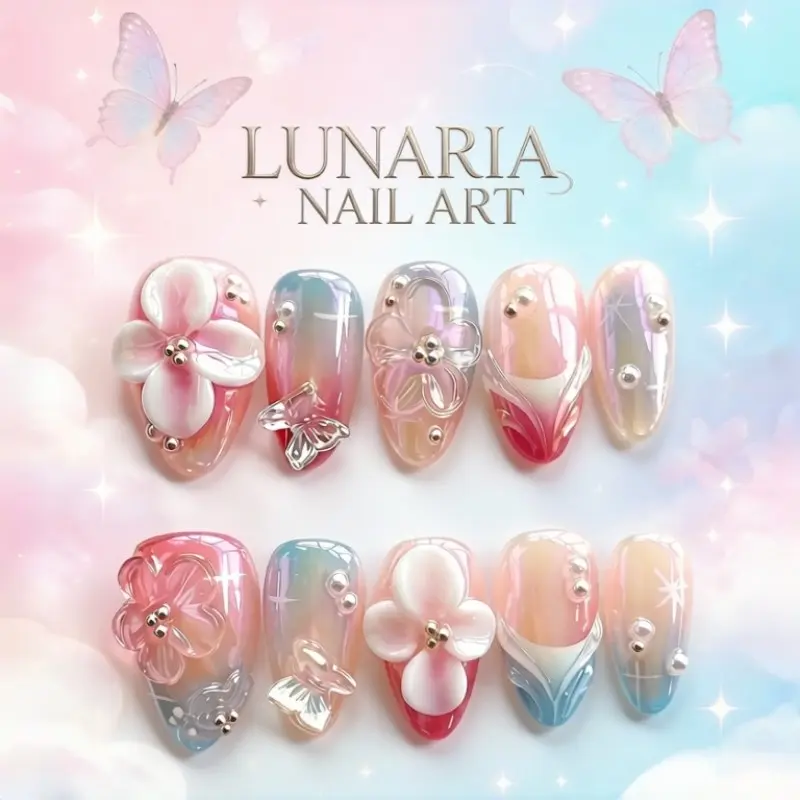 10pcs Press On Nails Glass Nails 3D Flowers French Acrylic False Nails | Handmade Reusable Salon Grade Full Nail Kit for Women | Spring Summer Sparkly Almond Fake Nails Set | DIY Nail Art Tutorial Gift for Party Daily Wear Wedding Bridal Long Lasting