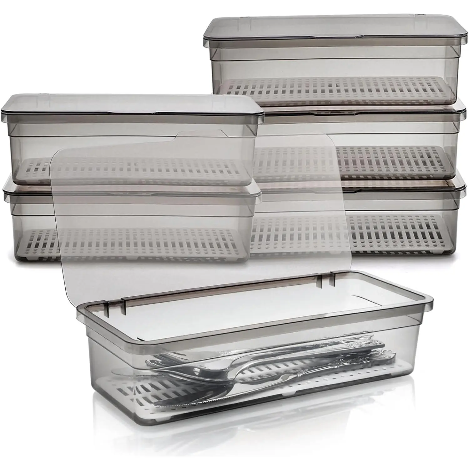 6 Pack Flatware Trays with Lid and Drainer, Plastic Utensil Holder for Kitchen Counter, Silverware Storage Box Covered Cutlery Container for