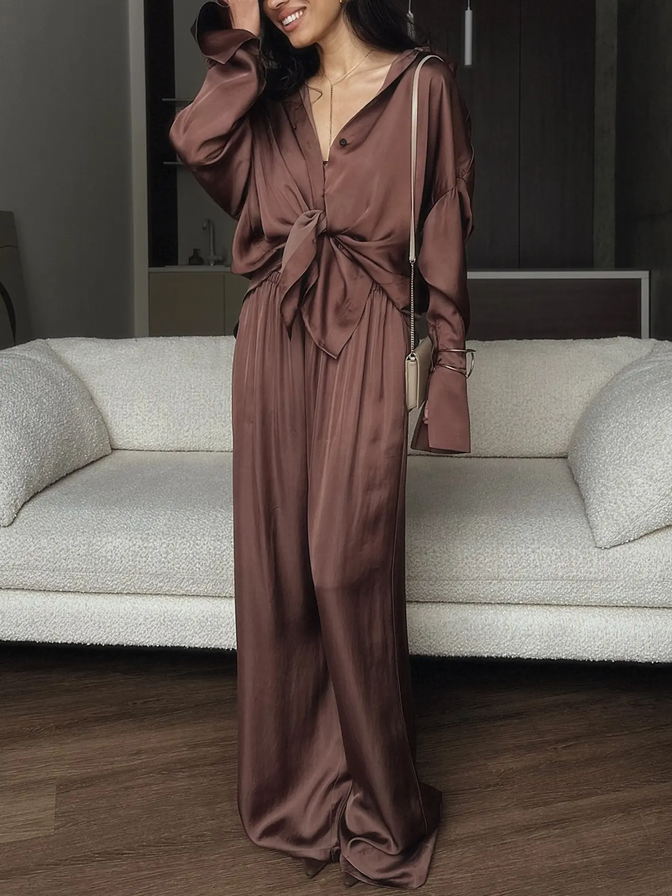 Minimalist Satin Long Sleeve Shirt and Elastic Waist Wide Leg Pants Set, Two-Piece Outfit for Casual Elegant Everyday Wear