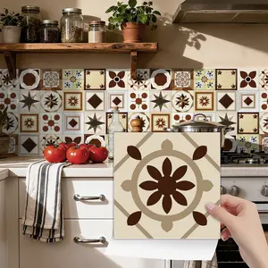 24PCS NHZ Warm Brown & Beige Retro Geometric Floral Tile Stickers, PVC Crystal Film, Waterproof Oilproof, Self-Adhesive, Removable No Residue, Easy Clean, Glossy Finish, for Kitchen Bathroom Bedroom Home Decor