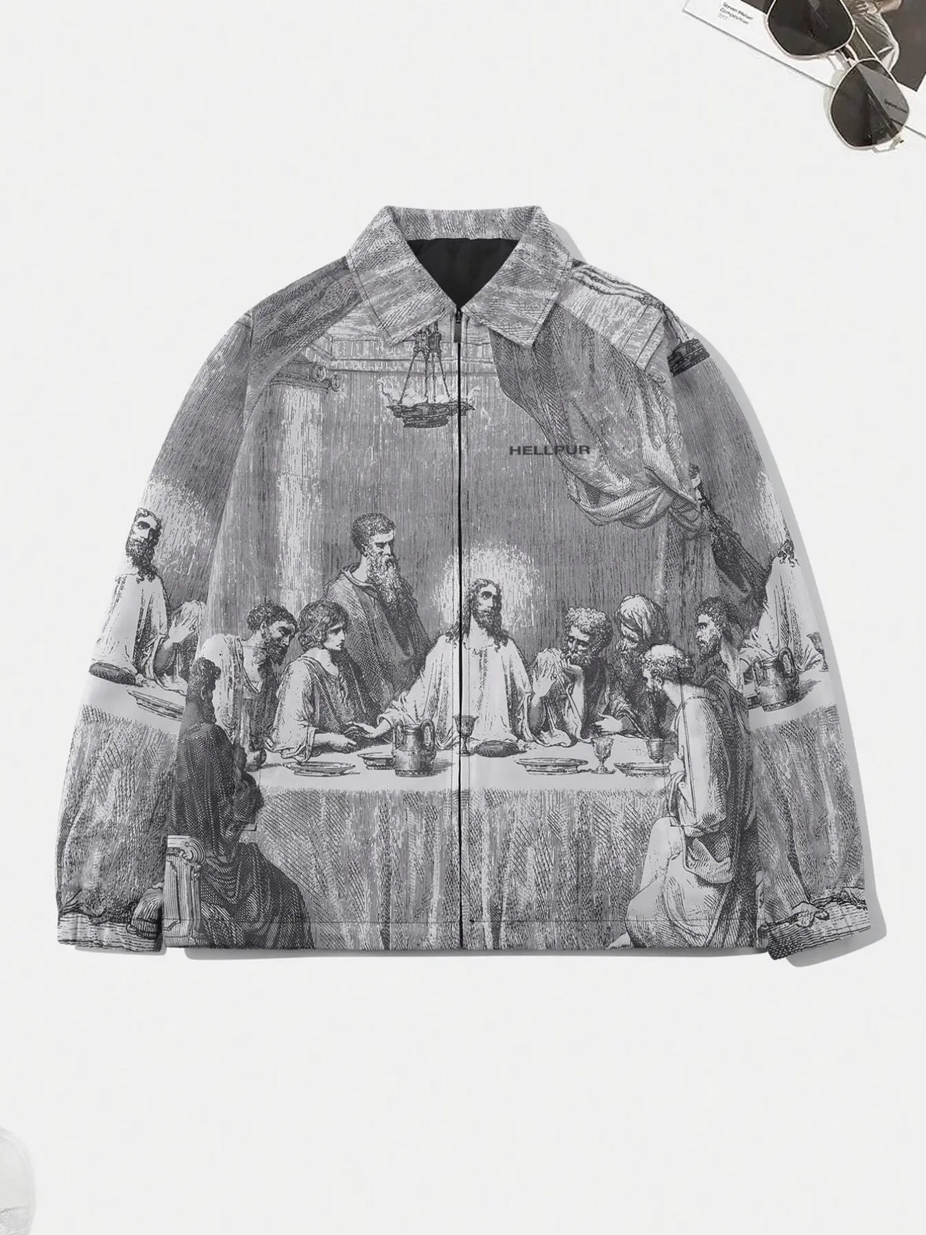 Men's Retro Jacket, Last Supper Full Print Zipper Jacket, Da Vinci Painting Full Print Coat, Collar Windbreaker Jacket, Shoulder and Sleeve Hip Hop Street Wind Belt Logo Detail Lightweight Casual Outerwear Top, Niche Jacket