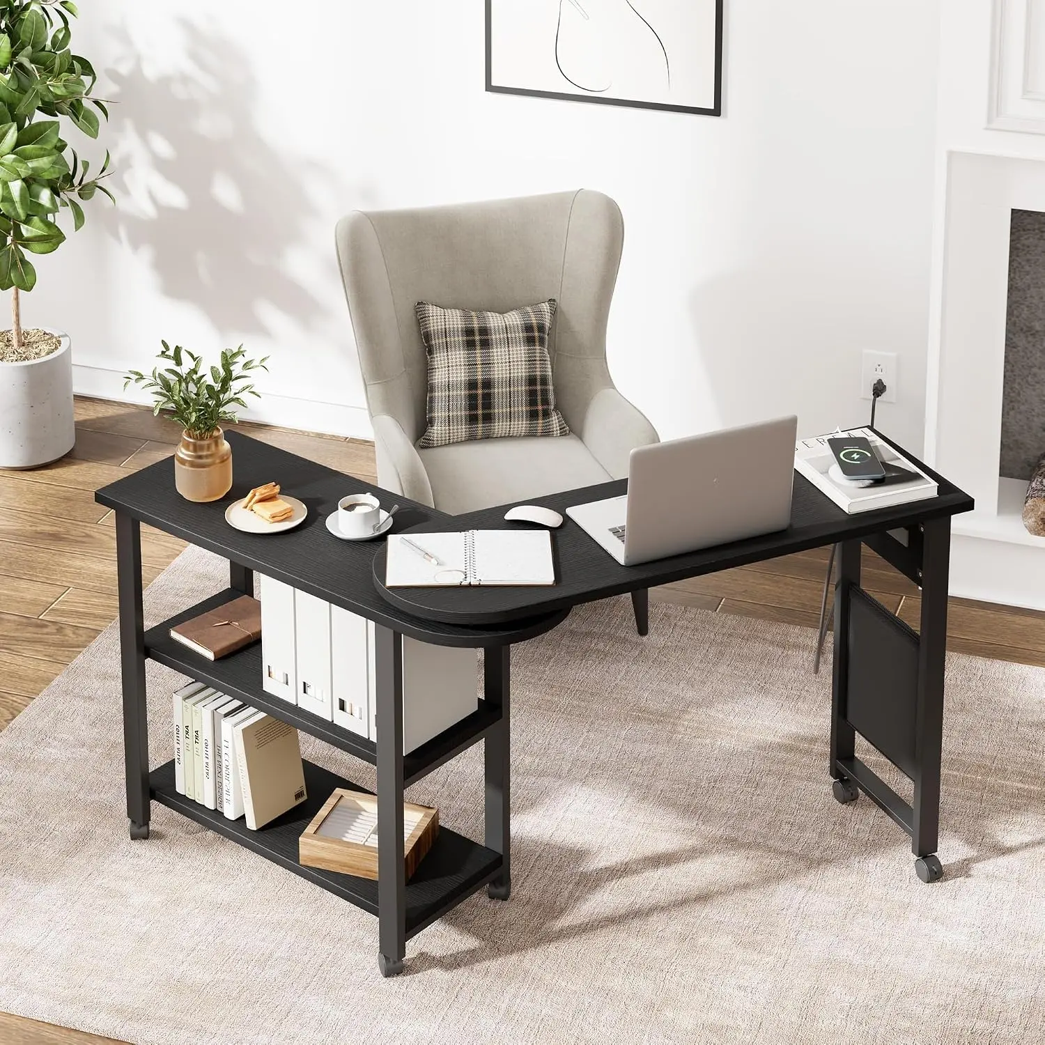 Garvee 360° Swivel Sofa Side Table with Charging Station – 2-Tier End Table, Lockable Wheels, Storage Bag & Side Pocket, Movable Modern Living Room or Bedroom Furniture
