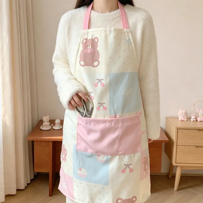 1pc Cute Cartoon Apron Cherry Bear Pattern Baking Apron Waterproof Kitchen Apron Long Size Smock Practical Cooking Apron with Pockets Oil-Resistant Lady Apron Household Apron for Women Kitchen Supplies