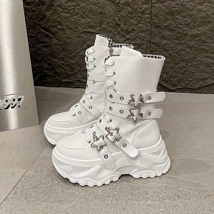 Chunky Platform Thick-Sole Height Increase 1.38 1.97 Lift Lace-Up Round-Toe All-Season All-Terrain Traction Low Heel Rubber Sole Fabric Upper Casual Athletic Wear Brown Black Easy-Clean Hand Washable