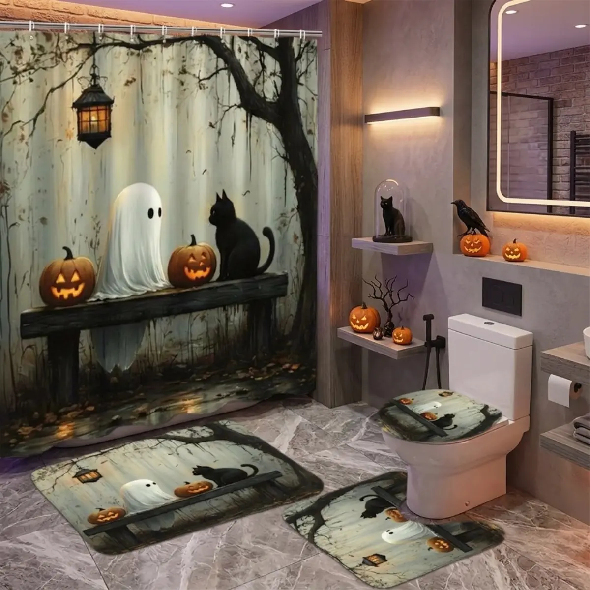 4-Piece Halloween Spooky Forest Shower Curtain Set with Black Cat & Glowing Jack-o'-Lanterns Pattern, Vintage Style Bath Mat Set for Fall Party Home Decor