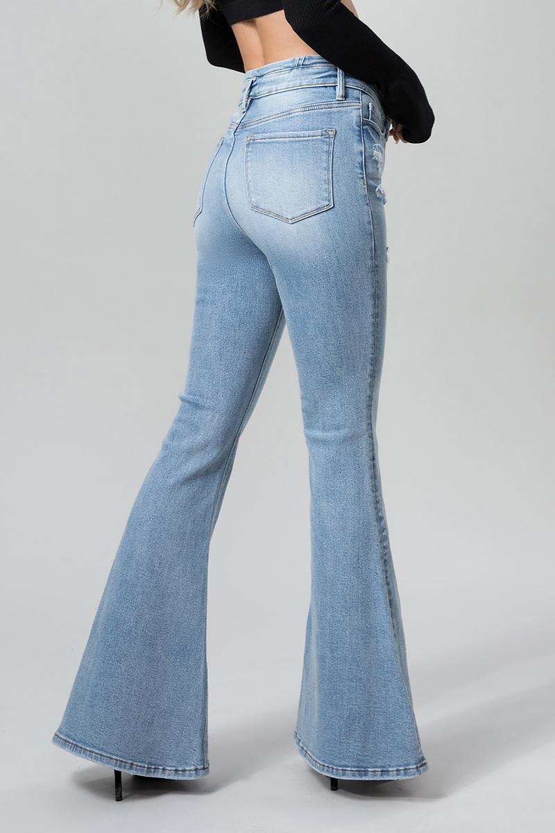 Women's Retro Light Wash High Waisted Flare Jeans, Distressed Bootcut Denim Trousers with Button Fly, Y2K Casual Streetwear for Daily Wear