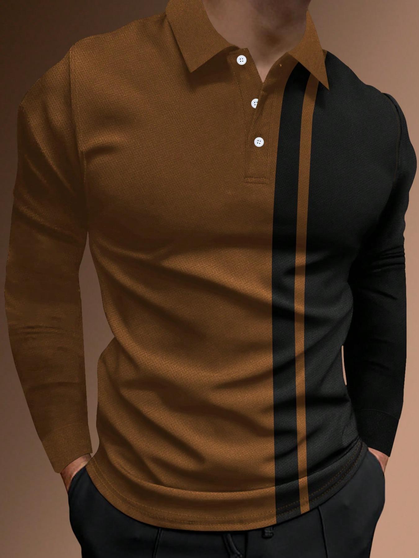 Men's Patchwork Print Half Button Fitted Polo Shirt, Regular Fit Casual Longsleeves Collared Top, Polo Shirts Men, Fall Outfits, Fall Going Out Tops, Men's Clothing, Polo Tees, Fashion Men's Clothes for Daily Wear, Menswear, Golf Colorblock Polo Shirt