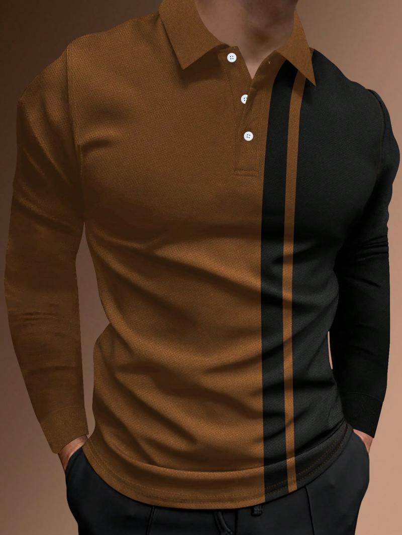 Men's Patchwork Print Half Button Fitted Polo Shirt, Regular Fit Casual Longsleeves Collared Top, Polo Shirts Men, Fall Outfits, Fall Going Out Tops, Men's Clothing, Polo Tees, Fashion Men's Clothes for Daily Wear, Menswear, Golf Colorblock Polo Shirt