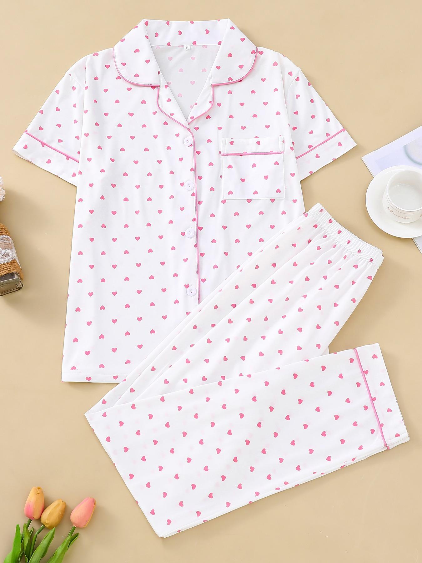 2 Pieces Women's Heart Print Pocket Button Front Shirt & Elastic Waist Pants Pyjama Set, Casual Short Sleeve Lapel Top & Trousers, Valentine's Day Gift, Women's Sleepwear for Summer