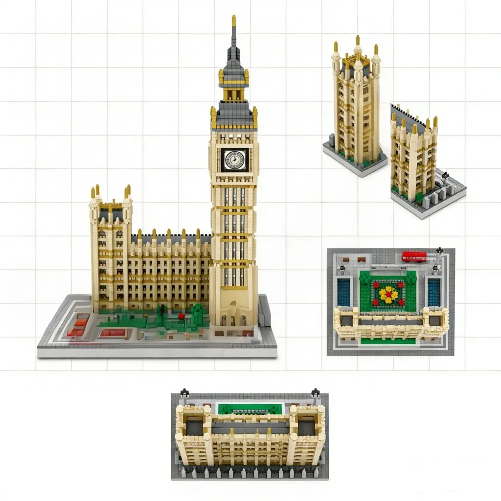 Big Ben Building Kit, Detailed Vertical Stone Windows, Multi-Layer Tower Components, Durable Interlocking Pieces, European City Sandbox