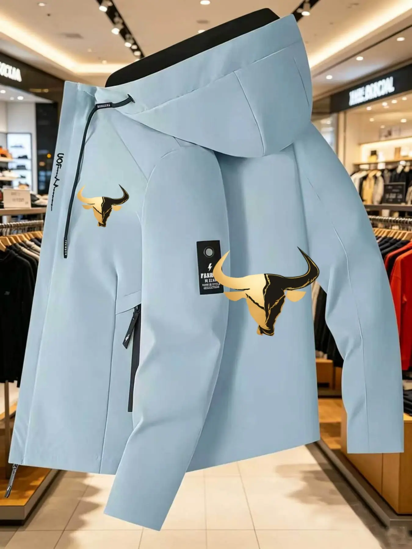 Men's Pilot Jacket with Bull Head Logo, Fashion Zip Pocket Print, Casual Hooded Design, Spring Fall Polyester Outerwear, Streetwear Outerwear