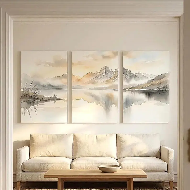 Extra Large Watercolor Mountain 3 Panel Canvas Set, Triptych Living Room Wall Art