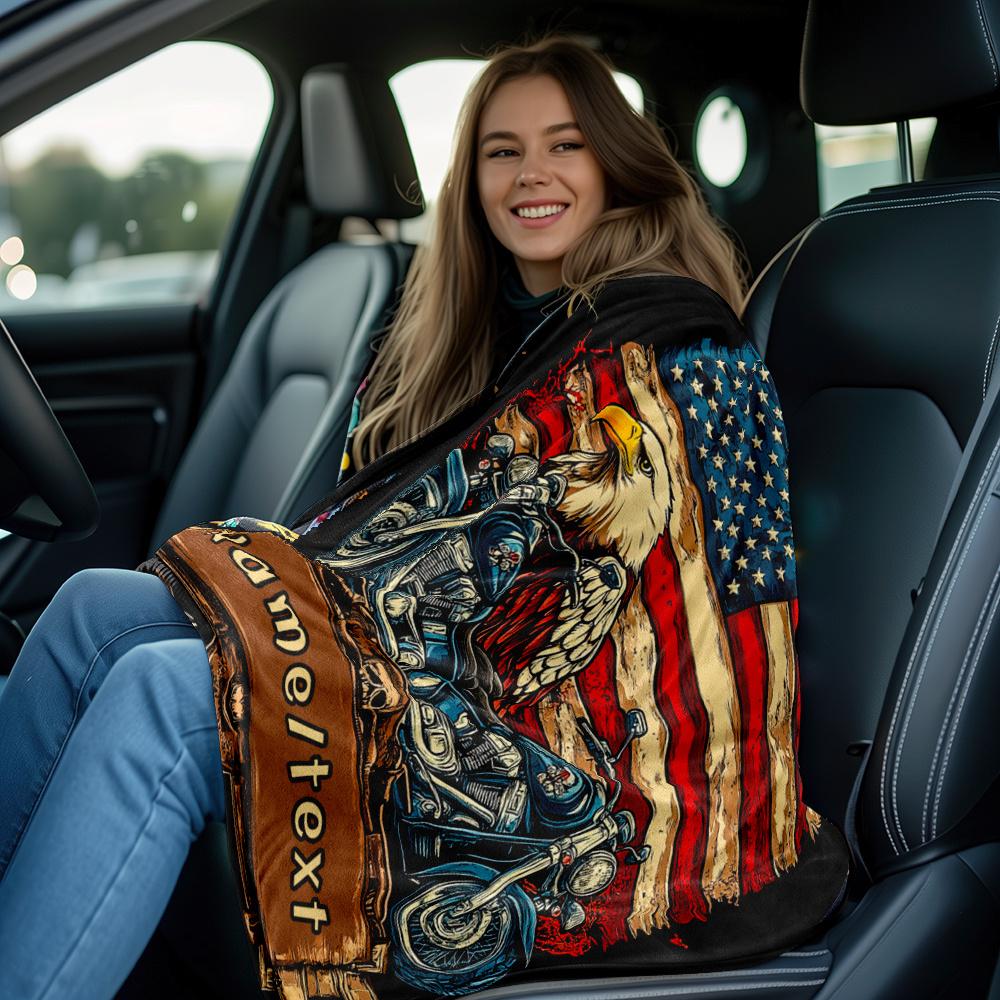 1 Customizable Motorcycle Eagle American Flag Printed Blanket - Personalized Name/Text, Suitable for All Seasons, Lightweight Polyester Flannel Blanket, Suitable for Sofa, Bed, Travel - Digital Printing, Warm and Soft, Ideal Gift