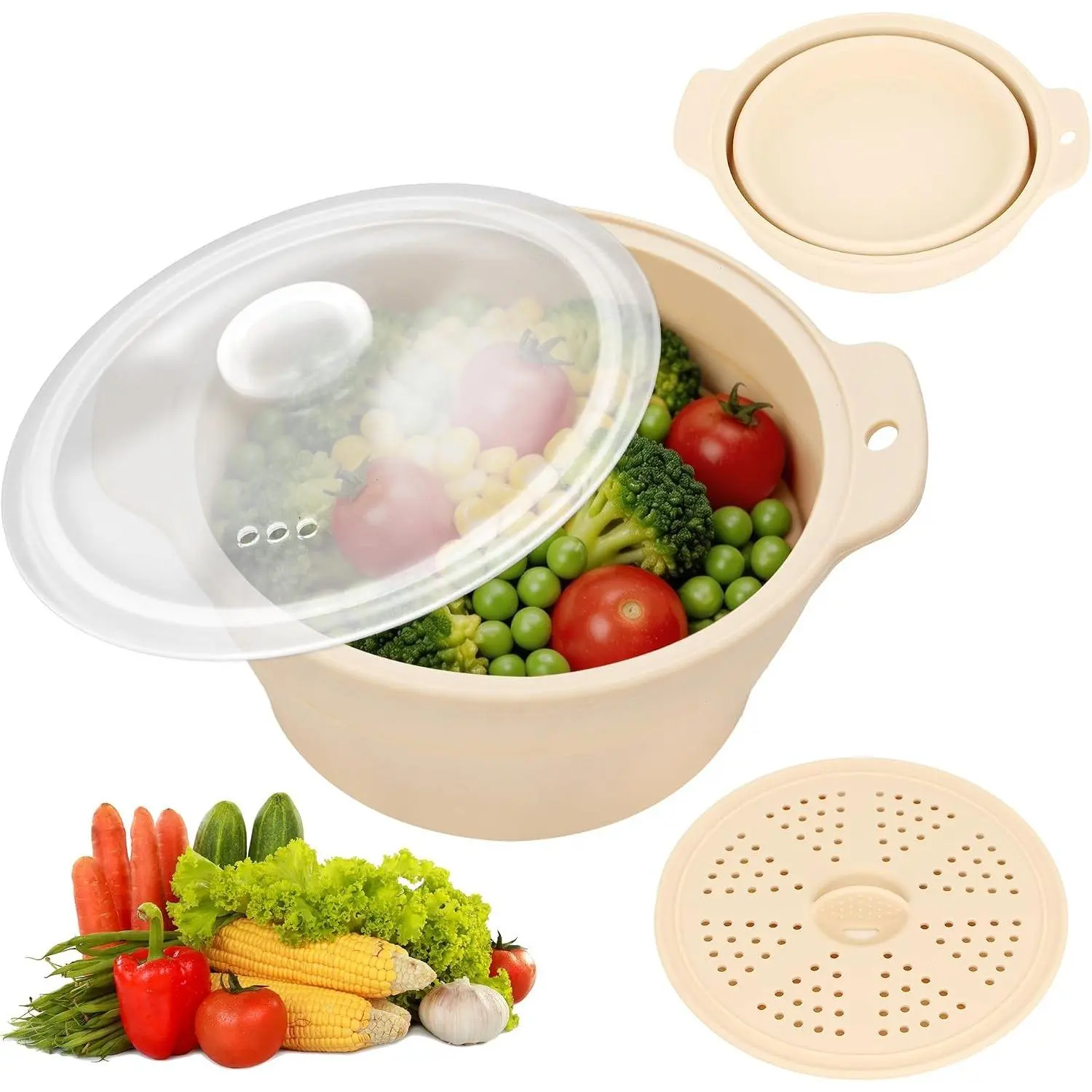 42oz Large Collapsible Food-grade Silicone Microwave Vegetable Steamer Basket With Lid & Removable Rack, Dishwasher & Freezer Safe for Broccoli, Dumplings, Fish