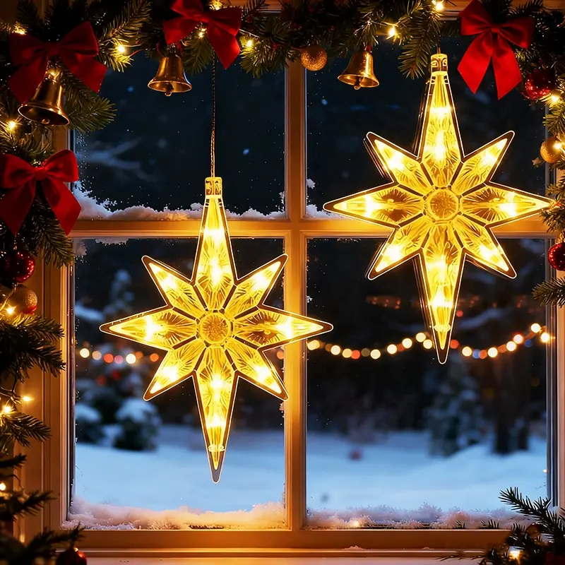 2-Pack Christmas North Star Suction Cup Lights, Battery-Powered Window Decor, Party Decoration, Holiday Ornament, No Batteries Included