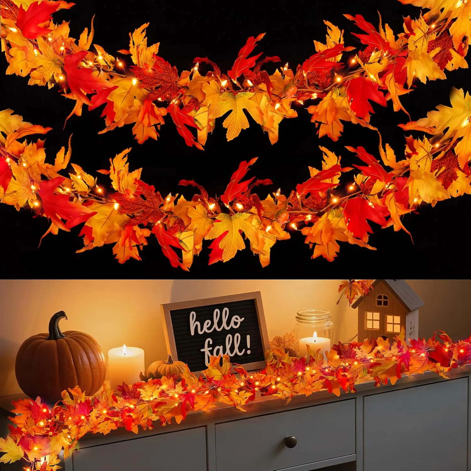 Fall Decorations for Home 9 FT Pre-lit Fall Garland with 50 LED Orange Lights, 6 Pumpkins, 8 Modes, Timer, Battery Operated Maple Leaves Garland for Fall Thanksgiving Mantel Door Fireplace Decor
