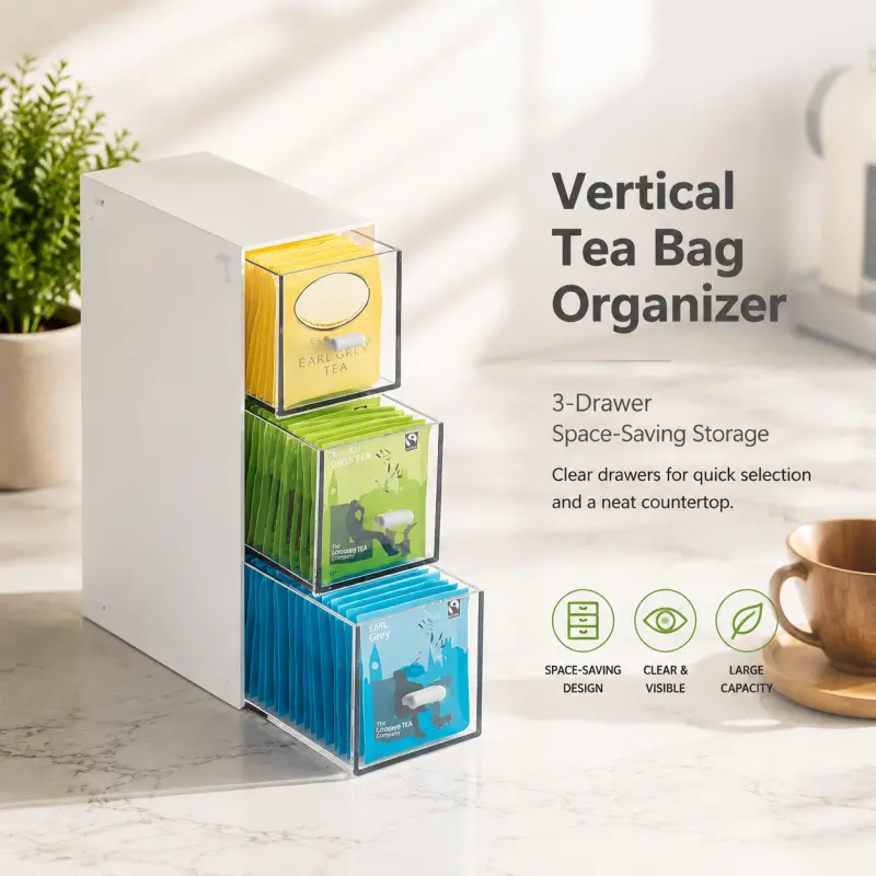 Vertical 3 Drawer Tea Bag Storage Organizer Space Saving Countertop Tea Caddy With Clear Visible Drawers Large Capacity Coffee Packet Sugar Packet Holder For Kitchen Office Pantry Desktop Storage