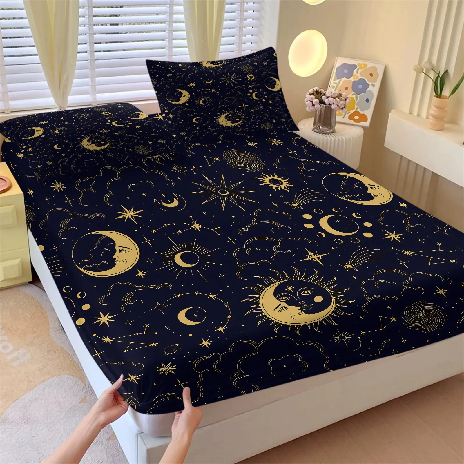 Vintage Gold Sun Moon Constellation Fitted Sheet Set, 1 Fitted Sheet + 2 Pillowcases, Deep Pocket Non-Slip Mattress Protector, Soft Breathable All Season Bedding, Boho Celestial Cloud Star Print For Aesthetic Bedroom Decor
