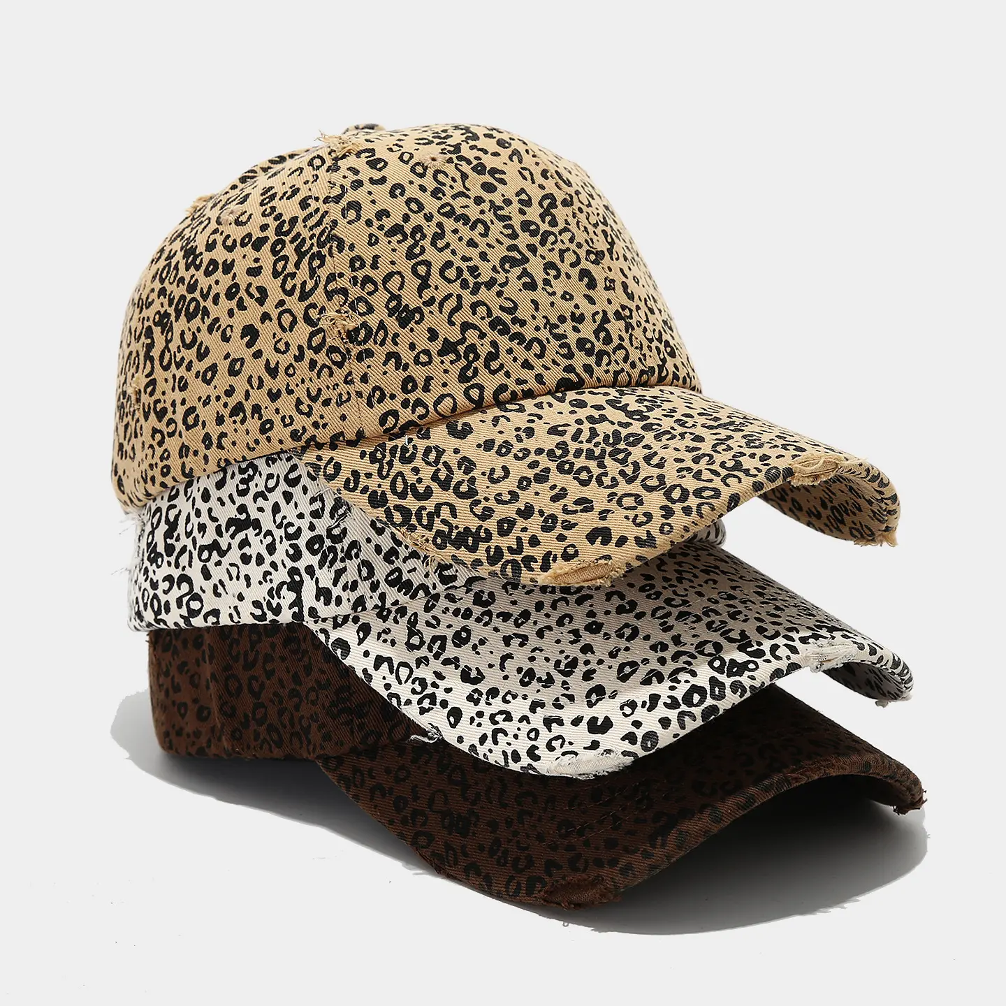 Trucker Hat, Unisex Leopard Print Distressed Denim Baseball Cap for Sports & Outdoor Streetwear, Frayed, Adjustable Strap, All Seasons