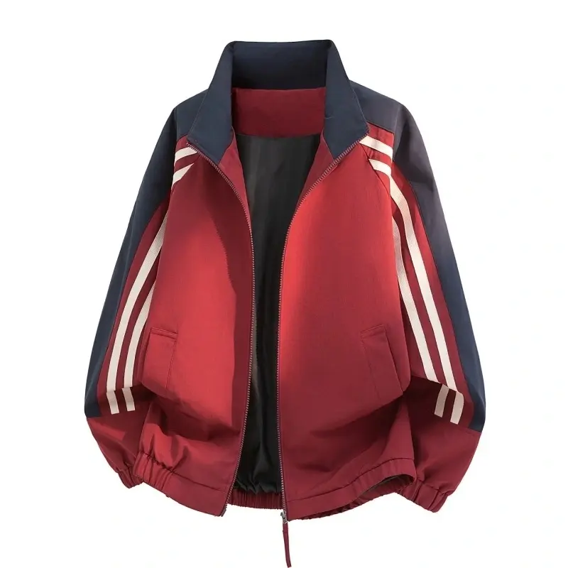 Men’s Color Block Striped Zip Up Stand Collar Jacket Elastic Cuffs Windproof Outerwear Classic Stripe Splicing Sport Coat Casual Daily Street Outfit For Spring Autumn