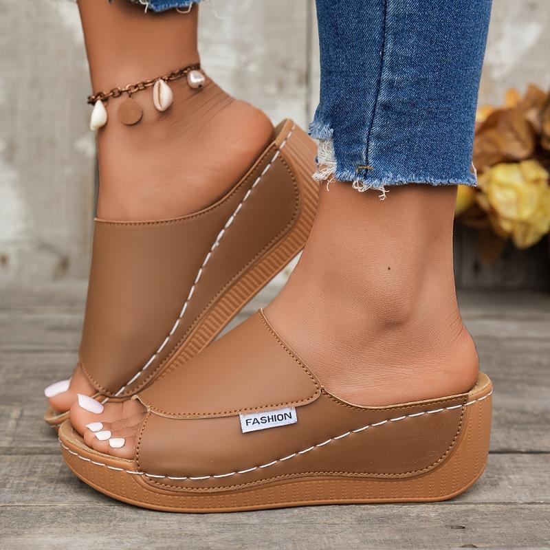 Women's Comfortable Arch Support Slide Sandals - Breathable, Stylish, Soft Sole, Mid-Heel, Open Toe With Faux Cover Straps - For Casual Attire In Maroon, Black, White, Blue, And Brown, Ladies Sandals