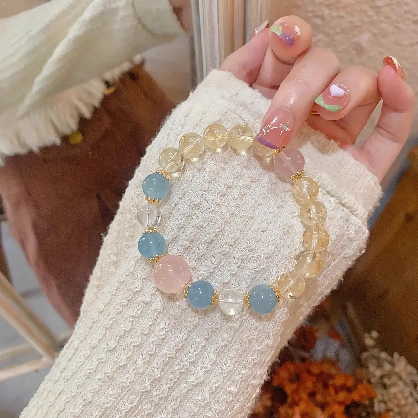 Women's Pastel Sundrop Mix Natural Crystal Beaded Bracelet - Mixed Morganite, Blue Needle Quartz, Azeztulite, Aquamarine, Citrine - Lightweight, Comfortable Niche Soft-Tone Fashion Wrist Jewelry for Female Adults, Round, Hand-Matched
