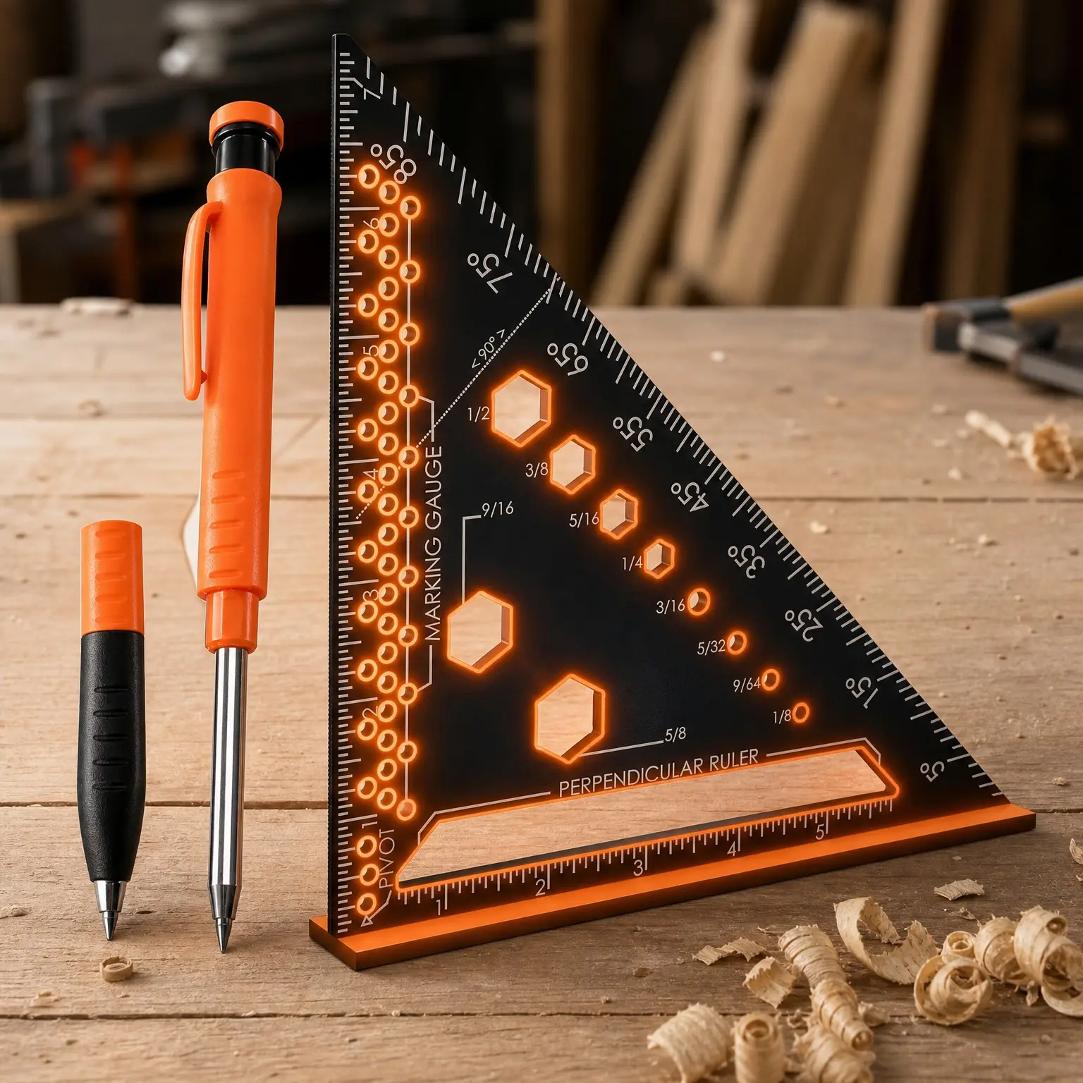 6-in-1 7-Inch Carpenter Square T-Square Multi-Tool with 1/16" Precision - Wrench, Protractor, Ruler, Marking Gauge, Drill Gauge, Includes 2-in-1 Carpentry Pencil