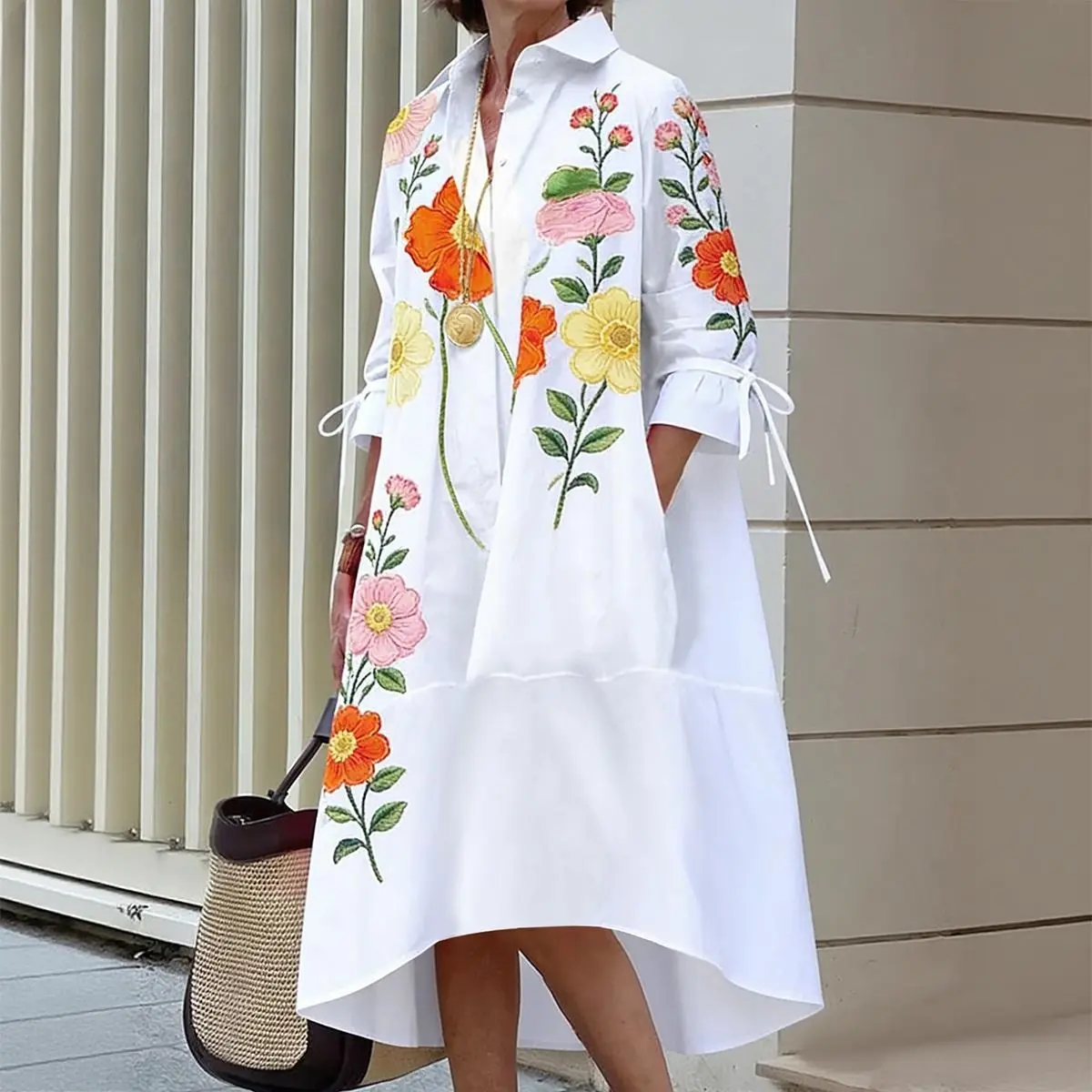 Women's 2026 Summer Boho Floral Printed High Low Shirt Dress, Button Front 3/4 Sleeve High Low Hem Dress, Loose Fit Summer Casual Dress with Pockets, Size Down for Slim Look