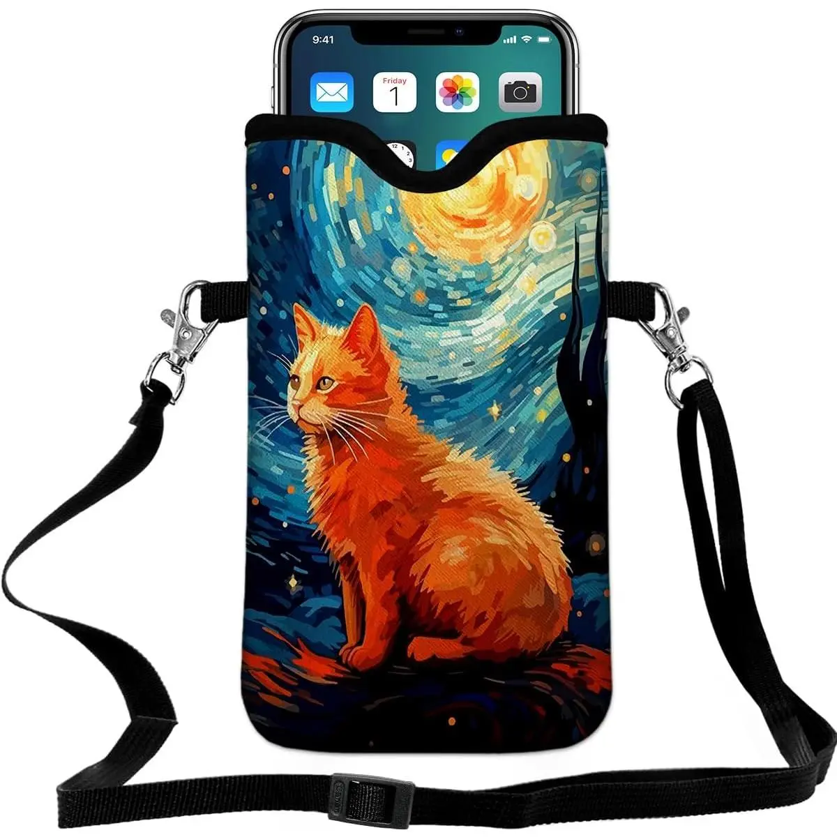 Neoprene Cell Phone Pouch 7.5 X 4.3 in Cloth Mobile Protection Case Bag with Crossbody Strap  Lanyard Cell Phone Case Galaxy  Oil Painting