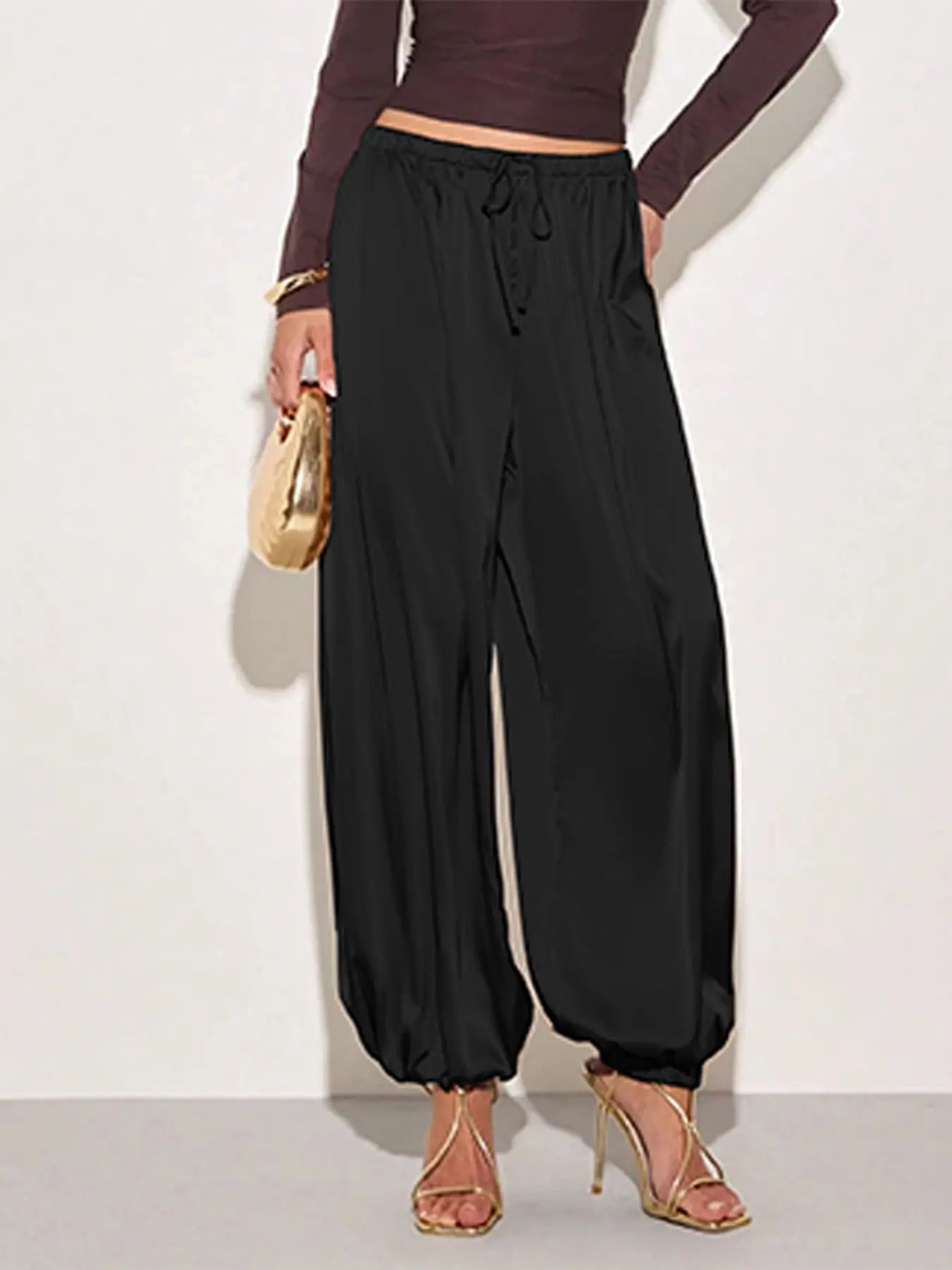 Women's Satin Waist Tie Wrinkle Wide Leg Loose Harem Pants, Bottoms, Drawstring Pants, Elegant Satin Trousers for Comfortable Wear