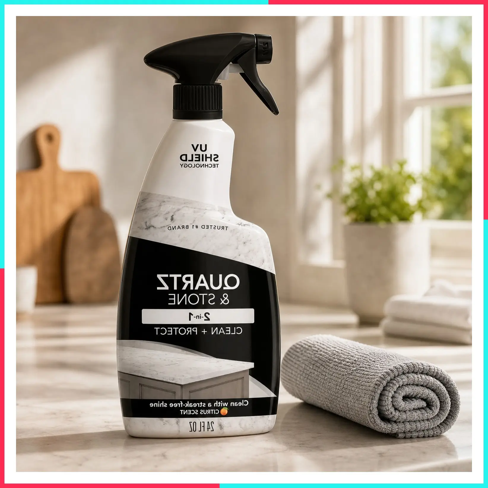 Quartz Countertop Cleaner and Polish - Clean and Shine Granite, Marble Countertops, Kitchen Island, and Stone Surfaces with UV Anti-Fade Protection, Citrus, 24 Ounce with Microfiber Cloth