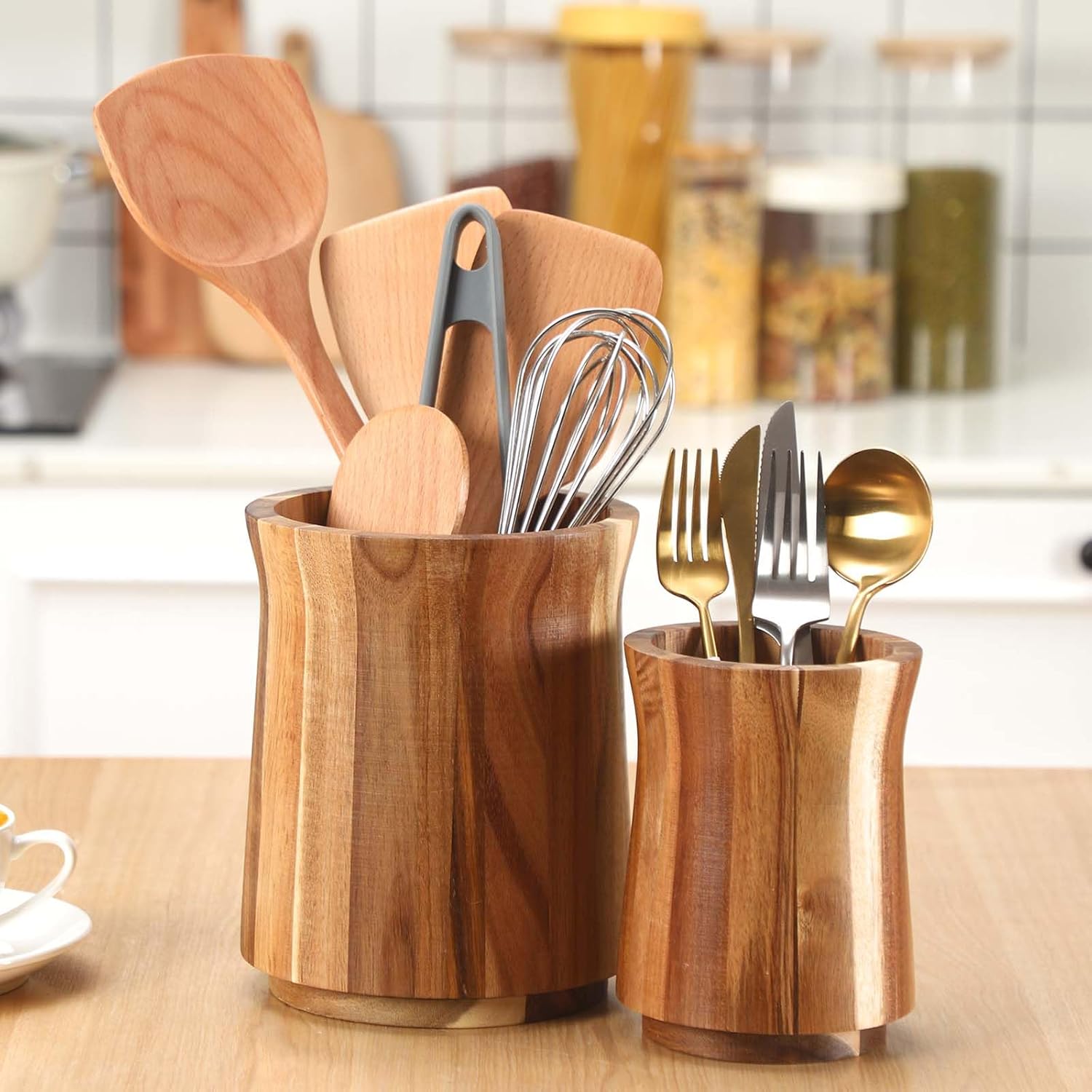 2 count Wooden Utensil Holder 360? Rotating Kitchen Utensil Holder 7.3" and 5.7" Large Cooking Tool Organizer Crock for Kitchen Countertop Farmhouse  Decoration