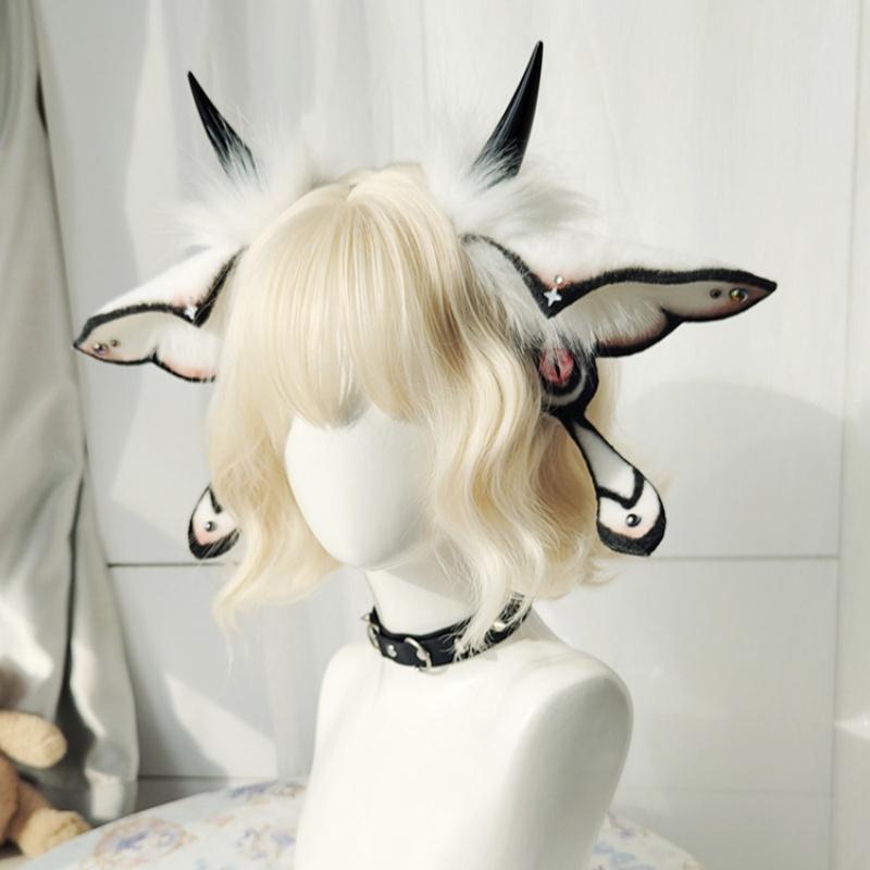 Halloween Devil Horns Headpiece Fantasy Creature Cosplay Convention Costume Hairband Realistic Faux Fur Moth Hair Accessories