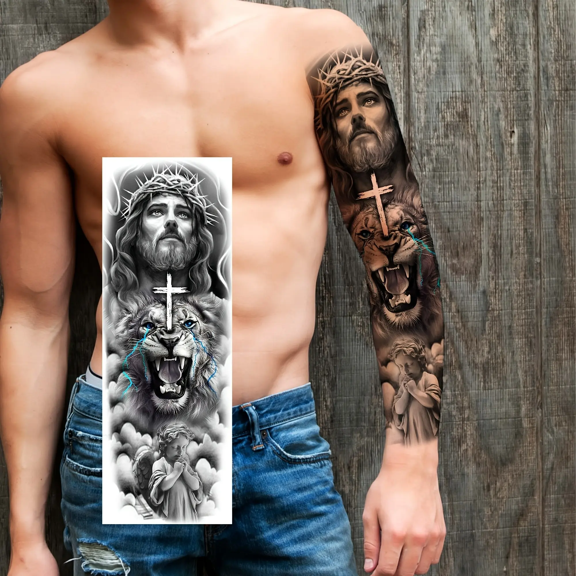 1 Sheet Cross Angel Tiger Full Arm Temporary Tattoos, Ephemeral Tattoos, Waterproof Long Lasting, Realistic Fake Tattoo for Men and Women, Body Art Stickers