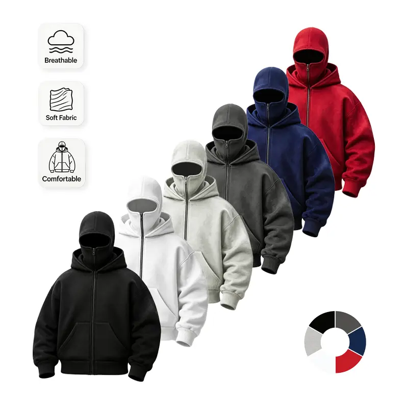 Oversized Balaclava Hoodie With Built-In Zip, Double Hood Face Mask Hooded Jacket For Men, Long Sleeve Athletic Sweatshirt For Autumn Winter Sports and Casual Wear