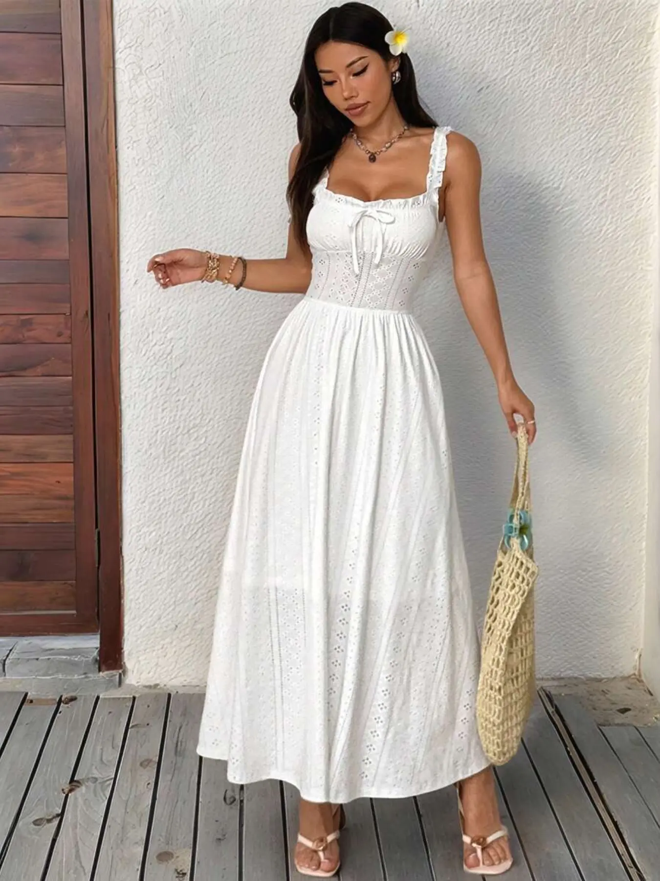 Boho Style Pleated Bust Long Dress, Perfect for Summer Vacation, Elegant Plain Surface Design, Lightweight & Comfortable