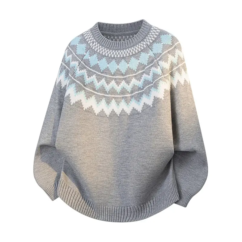 Men Fair Isle Jacquard Crew Neck Knit Sweater, Raglan Sleeve Design, Geometric Nordic Pattern On Yoke Part, Heather Grey Base Fabric, Ribbed Cuffs And Hem, Vintage Fall‑Winter Knit Pullover Top # sohochic